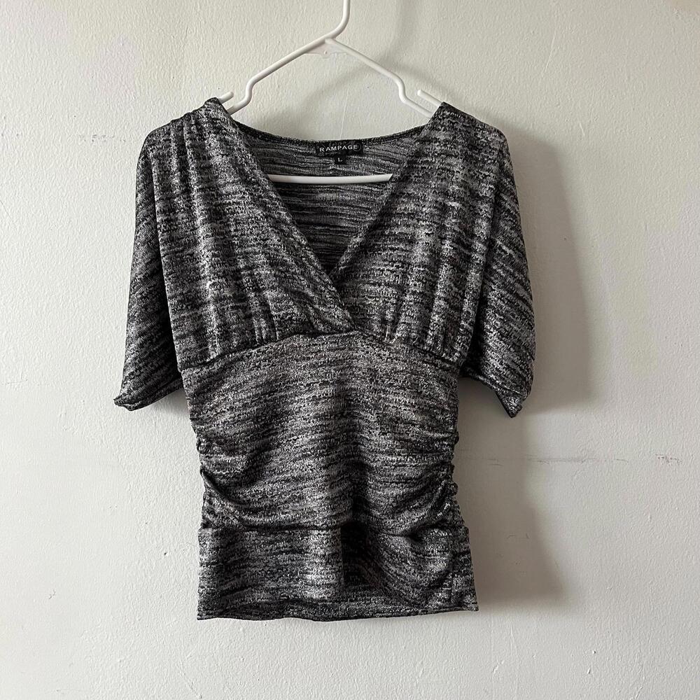 Vintage Silver Knit Blouse by Rampage Size Large Metallic V Neck Ruched Waist